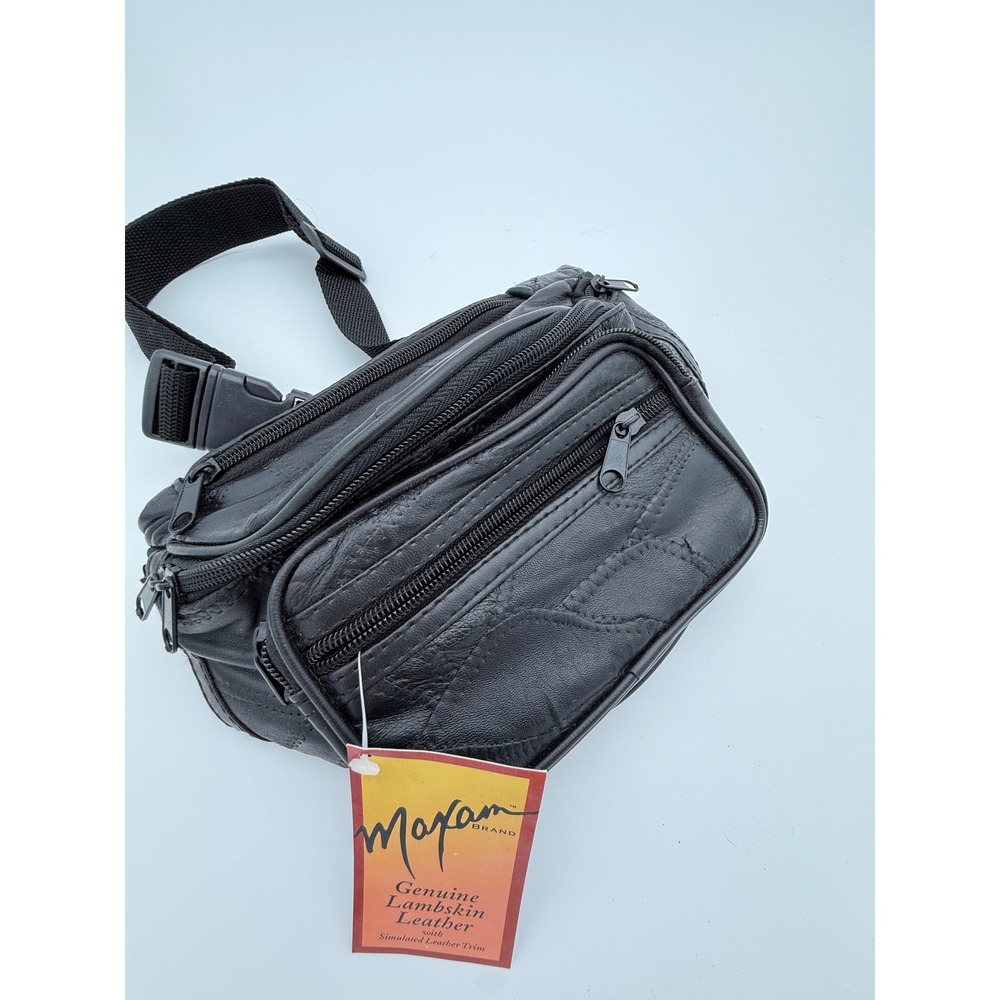 1990s Maxam Genuine Lambskin Leather Fanny Pack Black Multi Pocket Waist Bag NWT - Picture 2 of 14